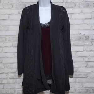 Belldini Dark Grey Lace Knit Open Front Cardigan